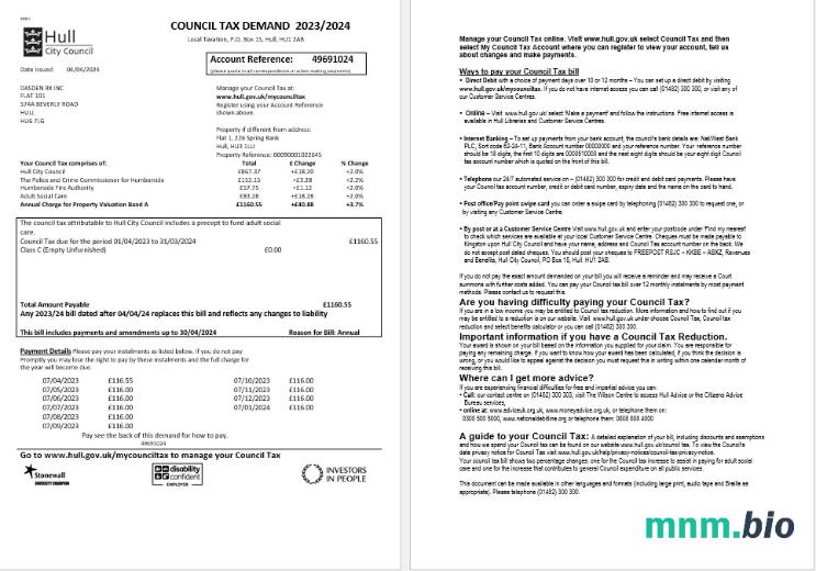 United Kingdom Hull City Council rachunek za usługi komunalne template in Word and PDF formats, 2 pages